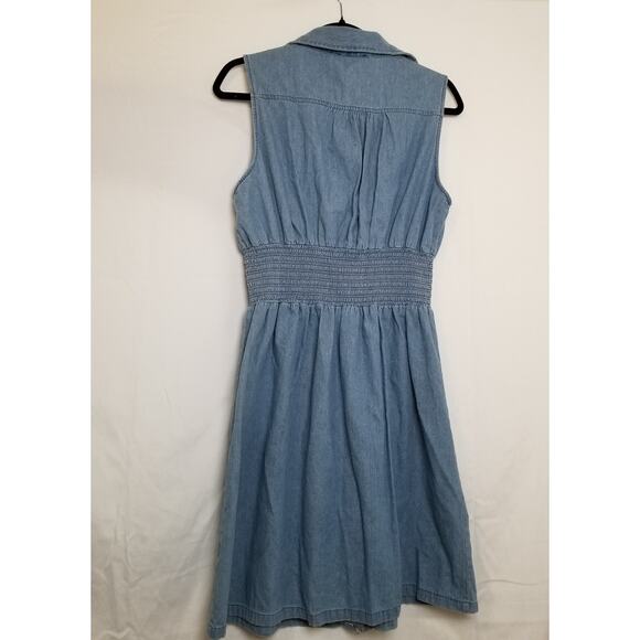 J Glee Women's Denim Sun Dress Smocked Waist Zip Front Pockets V-neck See Measm - Picture 5 of 8